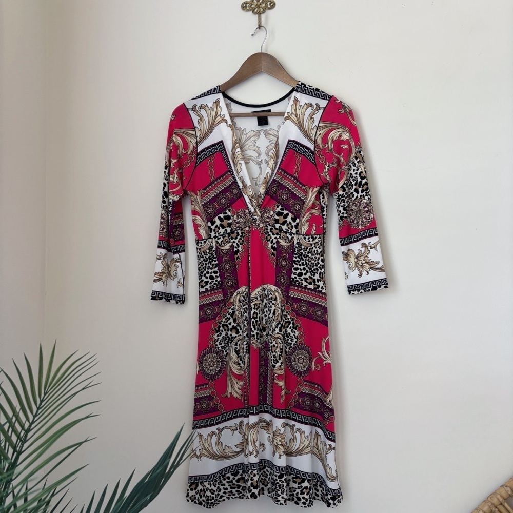 Eva Varro Leopard Scarf Print V Neck Sheath Dress Small